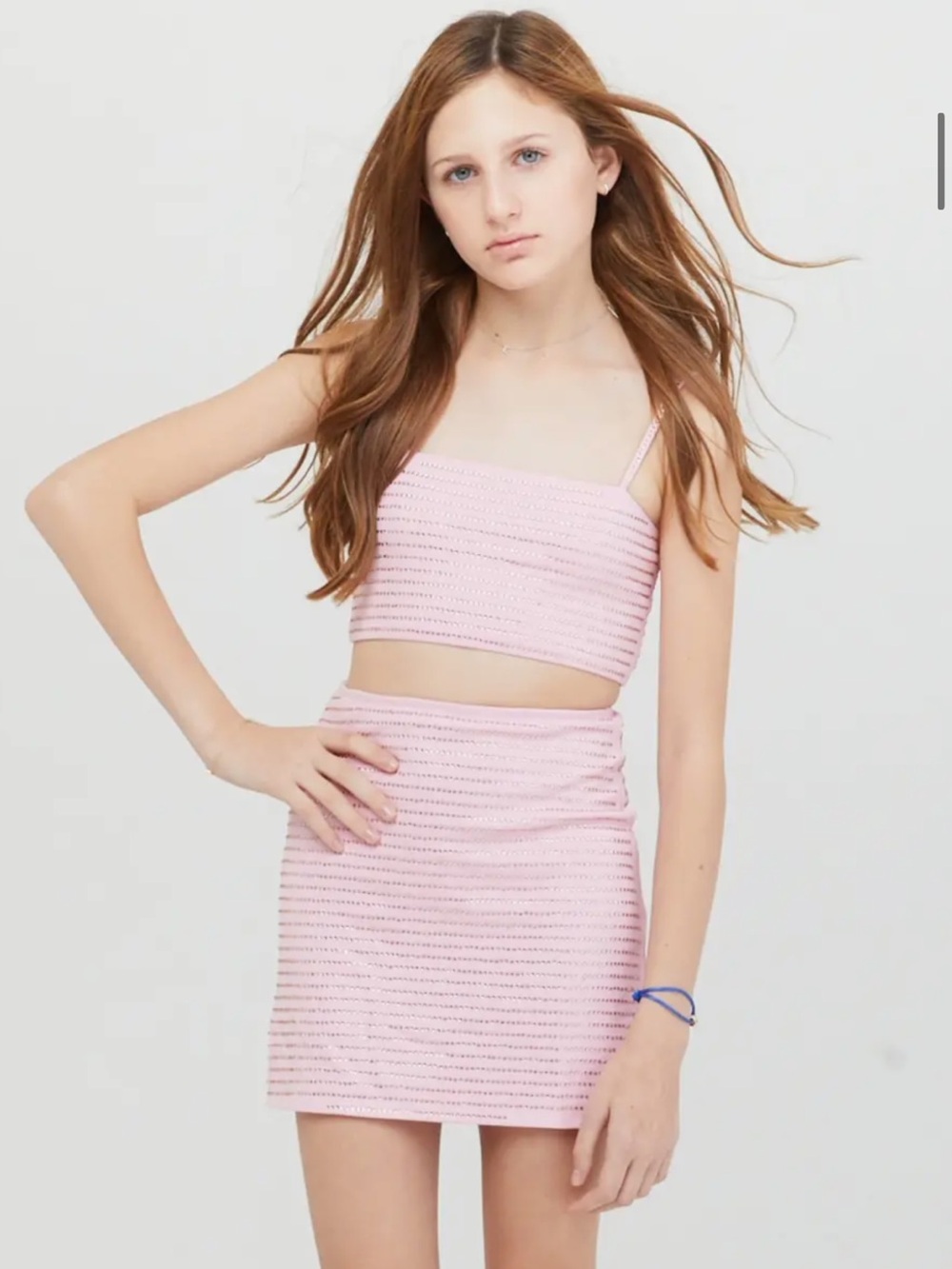 Theme Pink Rhinestone Crop Top & Mini Skirt Set Large